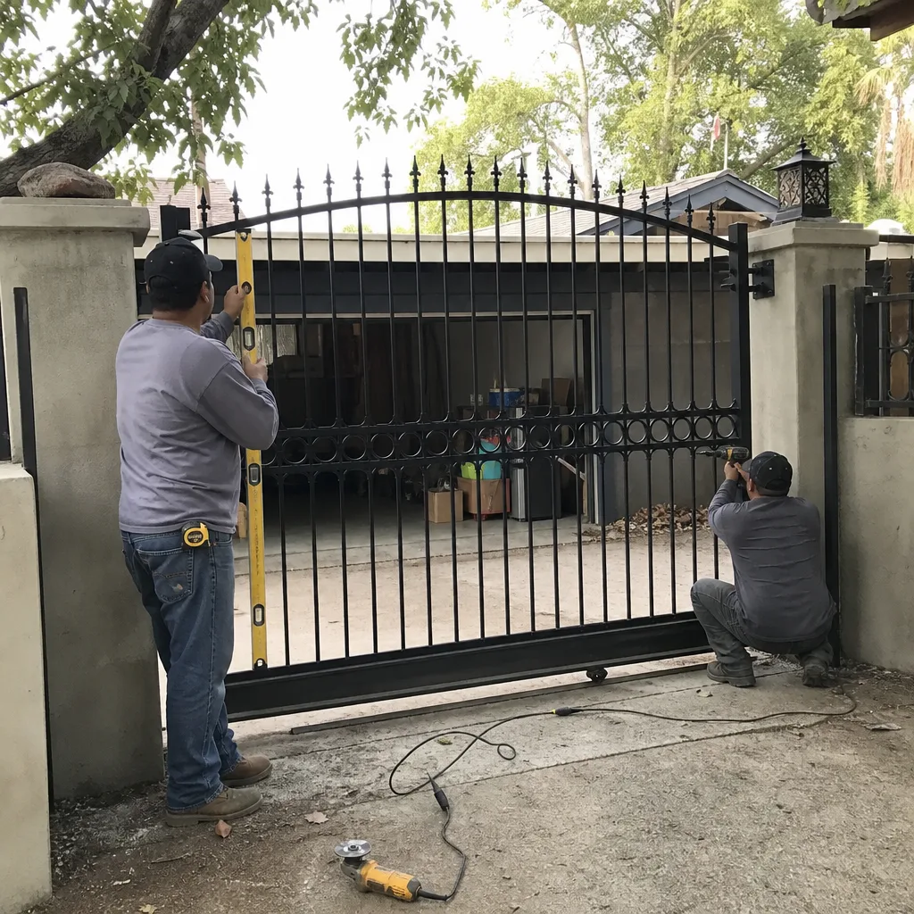Two professional workers performing metal security gate installation