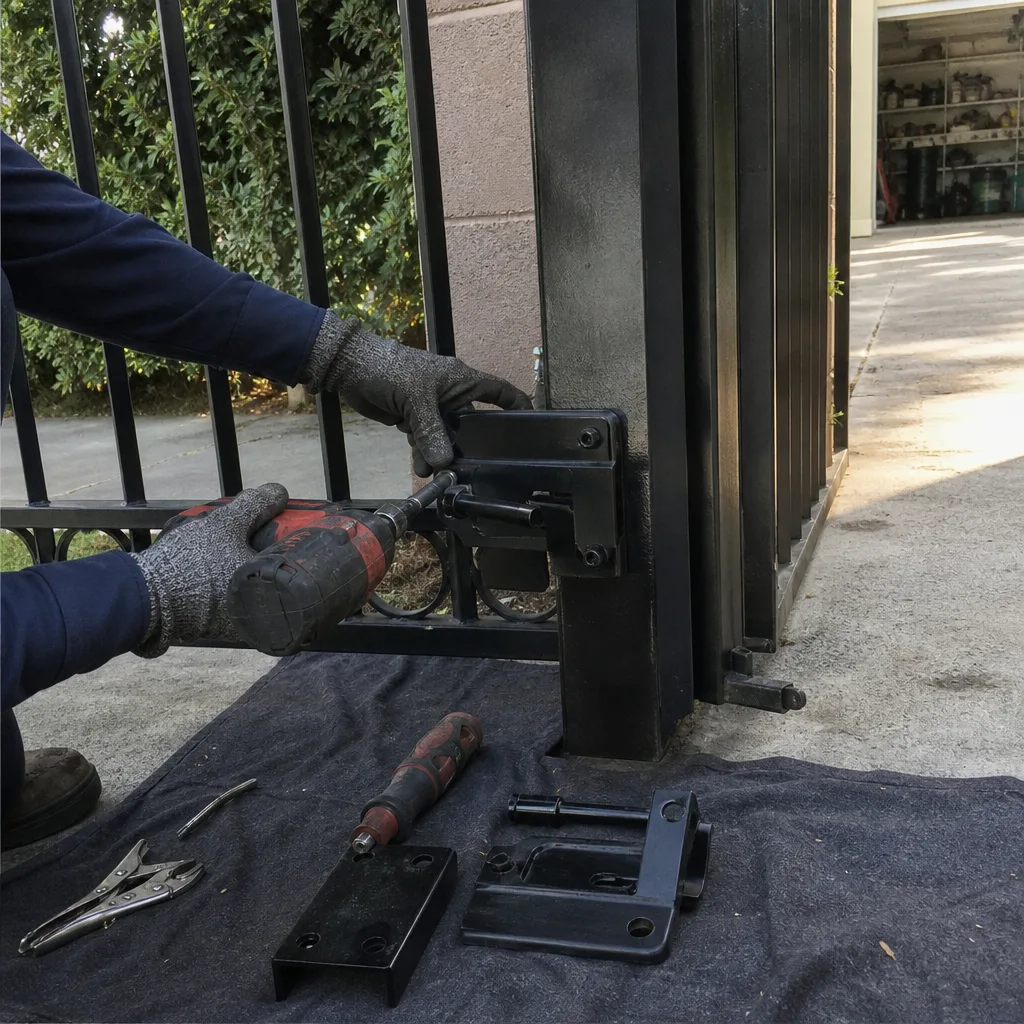 Technician using power tools to perform professional gate repair and maintenance